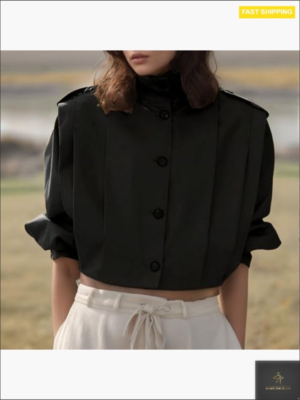 Cropped Pleated Jacket Casual Lapel Collar Long Sleeve Button Down Trench Coat - Picture 3 of 7